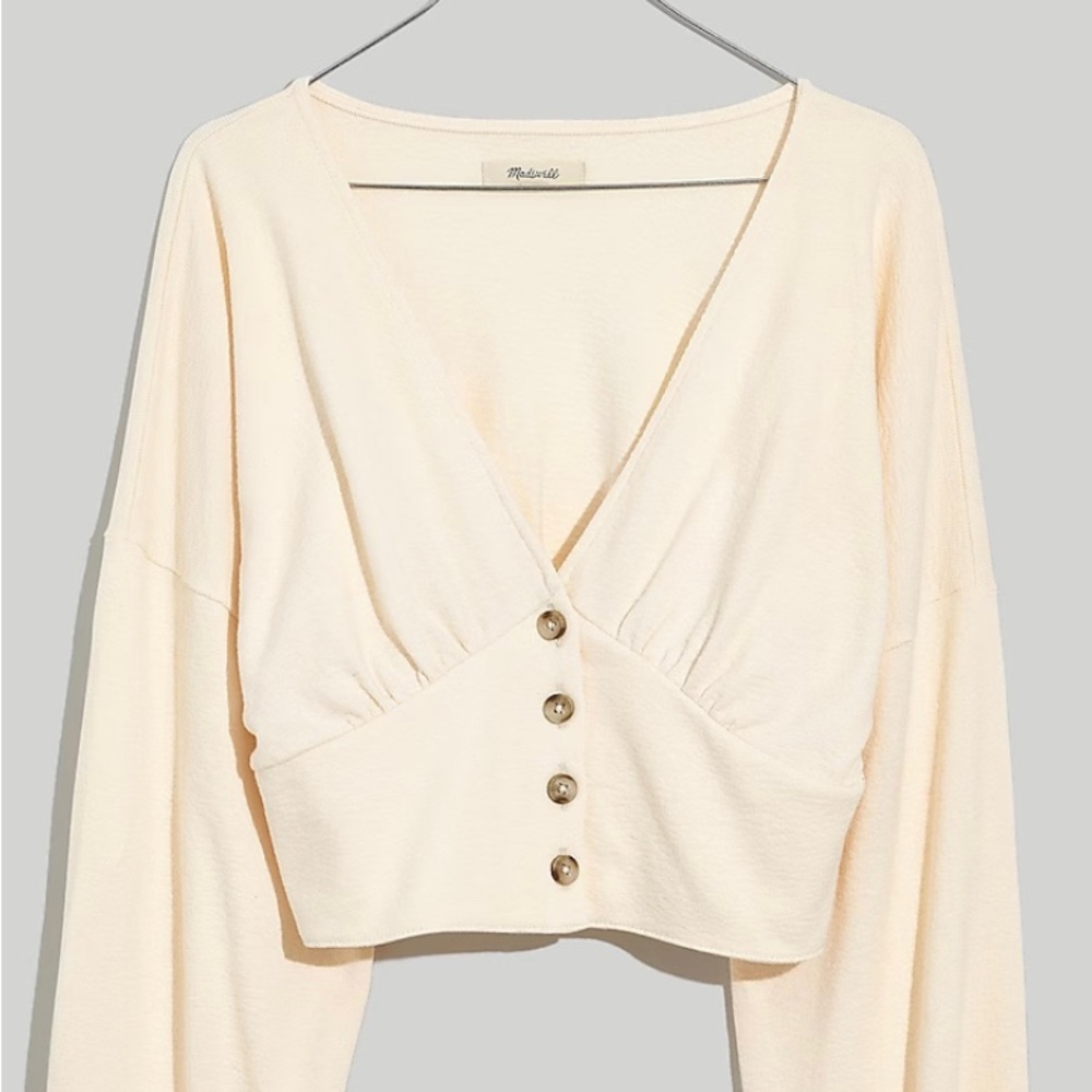 NWT MADEWELL Cream Deep-V Button-Front Crop Cardigan Top Sz M